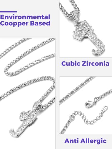 Richsteel Silver Crown Initial A-Z Letter Pendant Necklace for Men Women | Cubic Zirconia Monogram, 316L Steel Chain, 22" + 2" Extender,Hypoallergenic,Gift Box, Hip Hop Jewelry - style: J