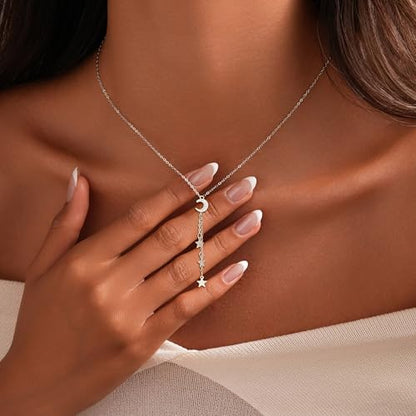 Dainty Crescent Moon Star Necklace for Women 925 Sterling Silver Y Shape Drop Lariat Necklace Trendy Pendant Choker Necklace Jewelry Birthday Ramadan Mothers Day Jewelry Gifts - color: Silver 2