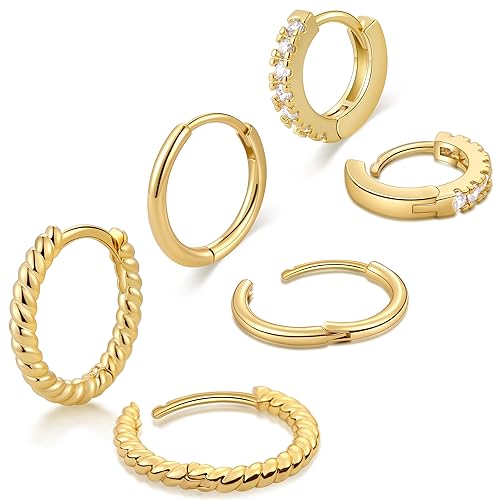 micuco 3 Pairs Small Gold Hoop Huggie Earrings Set for Women Men Tendy | 14K Gold Plated Small Huggie Hoop Earrings for Men, Tiny Cartilage Hypoallergenic Earring Set - style: C# CZ Gold 8-10-12mm