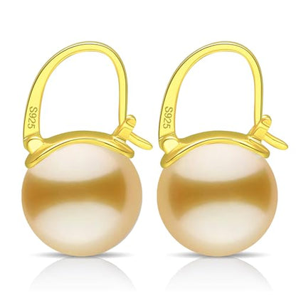 HUGE TOMATO Elegant 925 Sterling Silver Pearl Drop Earrings for Women, 14K Gold Plated Dangle Stud Earrings, Hypoallergenic Large Pearl Hoop Earring dangling 12mm - color: Yellow Gold