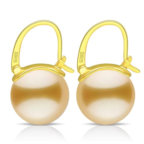 HUGE TOMATO Elegant 925 Sterling Silver Pearl Drop Earrings for Women, 14K Gold Plated Dangle Stud Earrings, Hypoallergenic Large Pearl Hoop Earring dangling 12mm - color: Yellow Gold