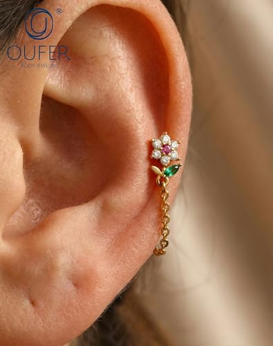 OUFER 16G Threadless Flat Back Cartilage Stud with Chain Dangle, Flower CZ Cluster Labret for Helix/Conch/Tragus/Lobe, 316L Stainless Steel, 6mm Post - color: Gold