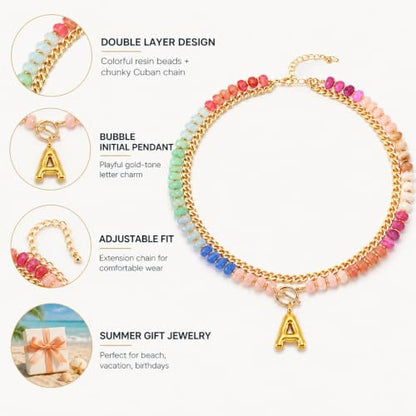 Colorful Beaded Bubble Letter Necklace For Women, Boho Double Layer Dopamine Rainbow Resin Beads Thick Cuban Chain Chunky With Initials Pendant Necklaces Summer Beach Jewelry Gift ﻿ - color: Dop B