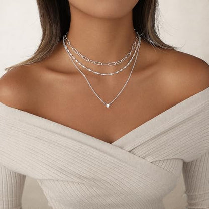 Layered Gold Necklace Set for Women Dainty Waterproof Cute Choker | 14K Gold Plated Minimalist Non Tarnish Lightweight CZ Pendant Pearl Twist Paperclip Chain Jewelry Gifts - style: 3PCS-Paperclip chain zircon-SL