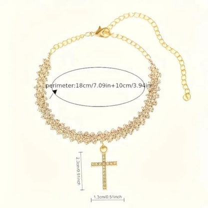 Cross Ankle Bracelet for Women Double Layer Crystal Tennis Chain Anklets Bling Cross Anklets Boho Summer Beach Foot Bracelet - color: silver