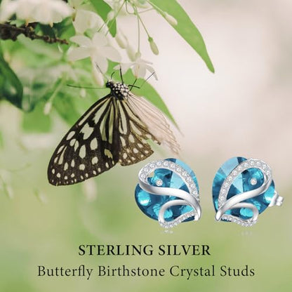 Butterfly Heart Birthstone Crystal Stud Earrings for Women S925 Sterling Silver Heart Birthstone Studs Birthday Gifts for Wife Mother Daughter Girlfriend Mom - color: 03-March