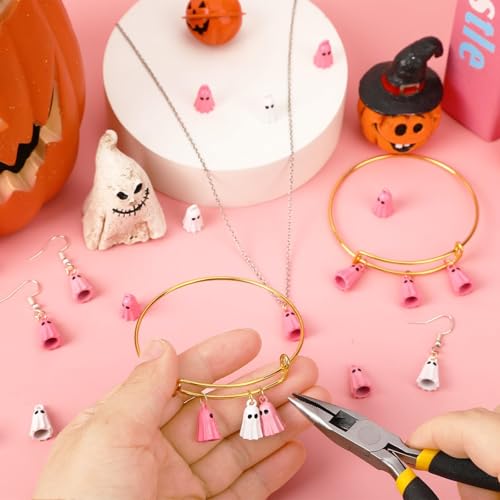 60Pcs Halloween Charms, Ghost Charms for Jewelry Making | Alloy Enamel, Halloween DIY Crafts, Earring Necklace Bracelet Jewelry Making, Pink and White Ghost Pendants - style: Halloween Ghost Charms