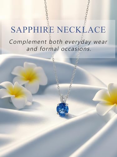 CYW Genuine Sapphire/Emerald/Ruby/Moissanite Necklace for Women, Really Authentic Solid 925 Sterling Silver, 16"/18"/20" Adjustable Chain, Anniversary Mother's Day Valentines Gift - color: Sapphire - Round - White Gold, size: 8mm