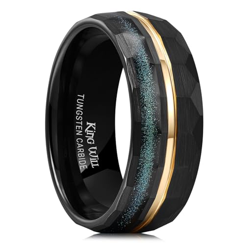 King Will Black Tungsten Rings for Men Hammer Wedding Band | Black, Grooved, Hammer Wedding Band Gold Groove, Sand Inlay, Everyday Wear - color: Black & Blue Green Sand Inlay