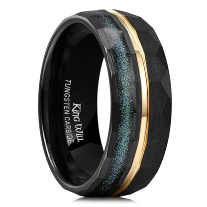 King Will Black Tungsten Rings for Men Hammer Wedding Band | Black, Grooved, Hammer Wedding Band Gold Groove, Sand Inlay, Everyday Wear - color: Black & Blue Green Sand Inlay