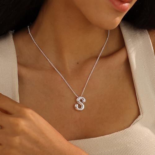 Ewrkbrㅤ Initial Necklaces for Women, 14k Gold Plated Bubble Letter Necklace Chunky Gold Necklace Dainty Charm Initial Necklaces for Women Trendy Custom Preppy Stocking Stuff Necklace Christmas Gifts - color: Silver, style: S