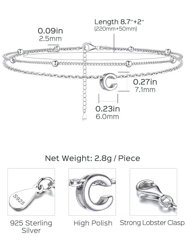 ChicSilver Ankle Bracelets for Women Waterproof, 925 Sterling Silver Initial Anklets for Women, Adjustable Dainty Layered Anklet Beach Jewelry for Women Mom Wife Friend - style: Silver-C