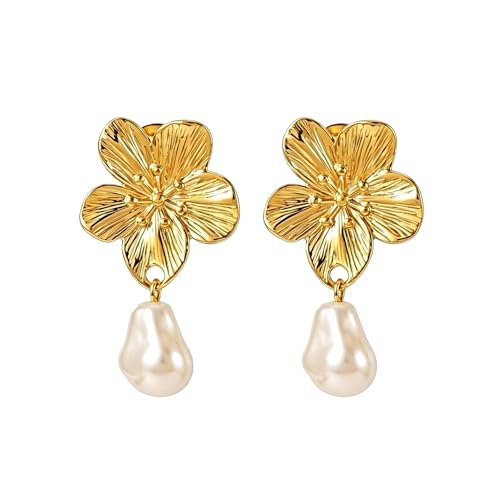 Chunky Gold Plated Flower Statement Drop Earrings for Women | Hypoallergenic 18K Gold Plated Textured Petal Wing, Large Statement Dangle Earrings for Wedding Party - color: Gold Flower Pearl-B