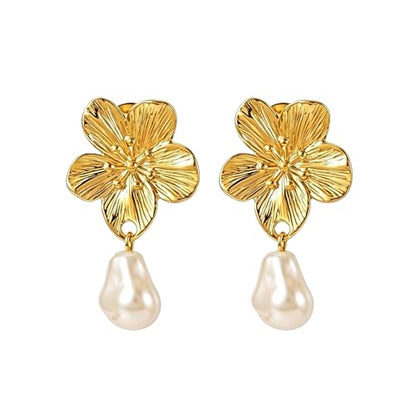 Chunky Gold Plated Flower Statement Drop Earrings for Women | Hypoallergenic 18K Gold Plated Textured Petal Wing, Large Statement Dangle Earrings for Wedding Party - color: Gold Flower Pearl-B