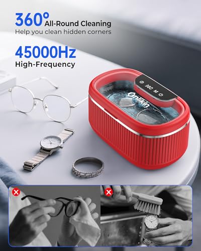 45KHz Ultrasonic Jewelry Cleaner, 5 Timer & 3 Power Modes, 35W Retainer Cleaner for Jewelry, Eyeglasses, Rings, Watch Strap, Dentures - Quiet <38dB, 20oz, 304 Stainless Steel (Red) - color: Red