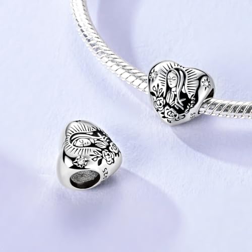 Hapour 925 Sterling Silver Charm for Bracelet Necklace Women Pendant Beads | Virgin Mary Charm, Religious Cross Heart Dragon European Jewelry Mom Charm - color: Silver Madonna of Mercy Heart-shaped