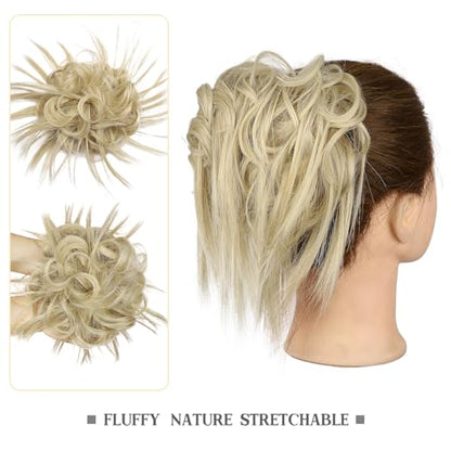 HMD Tousled Updo Messy Bun Hair Piece for Women Synthetic Hair Extension | Messy Bun Hair Piece with Elastic Scrunchie Synthetic Tousled Updos Ponytail Hairstyles for Daily Wear - color: 85/613#Ash Blonde Mix Bleach Blonde