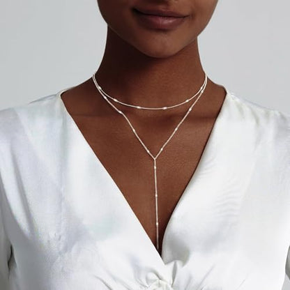 HAXIYA Gold Pearl Y-Shaped Necklace for Women Layered Lariat Long Pendant | 14K Gold Plated/Sterling Silver Dainty Drop Chain Layered Pearl/Beaded Necklaces Simple Gold Jewelry for Women - color: Sequin - Silver