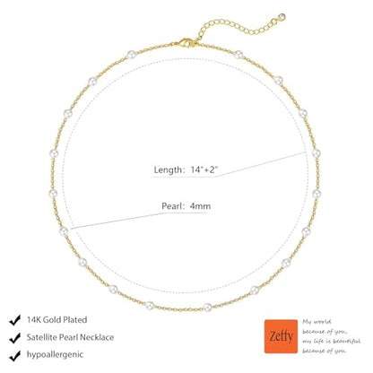 Zeffy Pearl Necklace 4MM/6MM/8MM Dainty Round Imitation Pearl Choker Necklace Wedding Pearl Necklace Delicate Jewelry for Women Simple Bridesmaid Jewelry Gifts - style: 4mm Gold Satellite Pearl Necklace(14"+2")