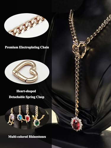 Women's Heart O-Ring Slip Chain Necklace, Double Layered Adjustable 39'' Cuban Chain with Detachable Heart Clasp and Colorful Rhinestone Pendant - color: 25'' Gold-Royal Red