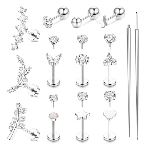 ZELORES Cartilage Earrings for Women Hypoallergenic Surgical Steel Flat Back Stud Earrings Set 18K Gold Plated Push in Nose Studs Screw on Lip Labret Helix Tragus Piercing Jewelry 16G 18G 20G