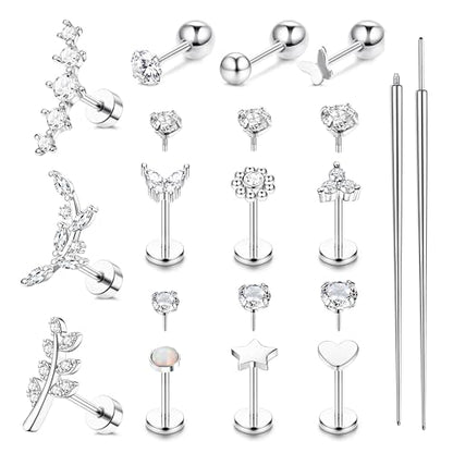 ZELORES Cartilage Earrings for Women Hypoallergenic Surgical Steel Flat Back Stud Earrings Set 18K Gold Plated Push in Nose Studs Screw on Lip Labret Helix Tragus Piercing Jewelry 16G 18G 20G