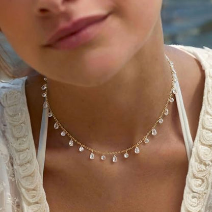 MTMY Gold Choker Necklace for Women, 14K Gold Plated Dainty Cubic Zirconia Cross Heart Shell Teardrop Charm Station Necklaces Trendy Summer Jewelry Gift - style: Drop