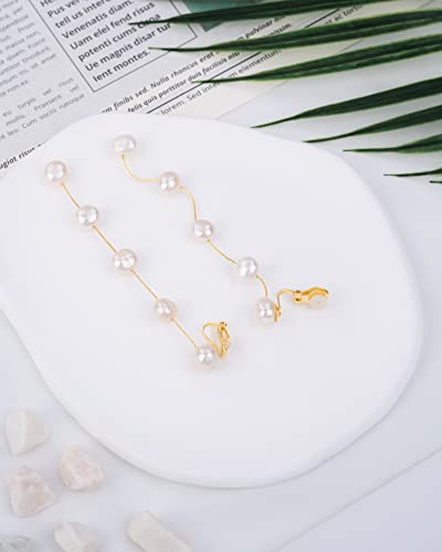 Clip-On Pearl Dangle Earrings - Baroque AAA+ Freshwater Pearl Long Drop Earrings for Women - Elegant Dangling Earrings - color: Yellow Gold
