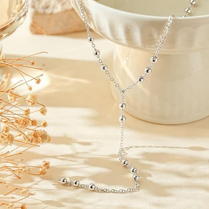 14K Gold Plated Layered Lariat Necklace for Women - Waterproof Non-Tarnish Dainty Gold Chain Necklace, Long Boho Statement Jewelry for Wedding, Prom, Summer Vacation Gifts - color: Beads Y Necklace-Silver
