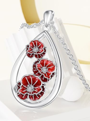 12 Month Birth Flower Necklace for Women 925 Sterling Silver Floral Teardrop Pendant Birthday Jewelry Gifts - color: 08. August Poppy