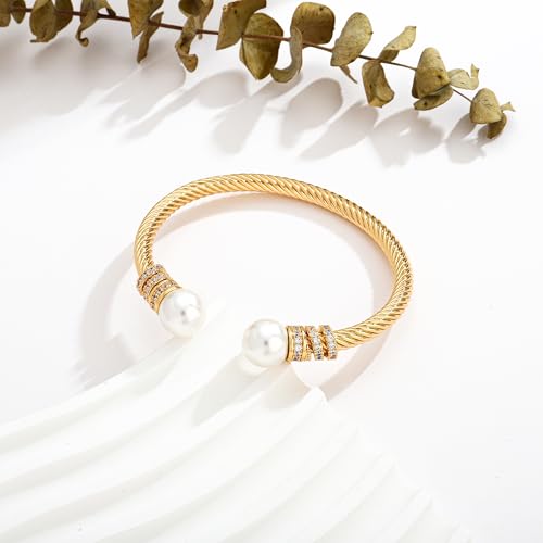 WOWORAMA Twisted Cable Wire Bracelets Two Tone Bangle Bracelet for Women | Stainless Steel, Unisex Gold Silver Bracelet, Mixed Metal Chunky Bangles Jewelry - color: Gold Pearl