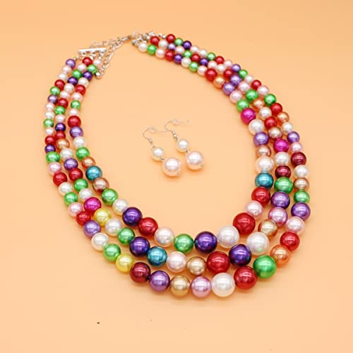 Chunky Layered Imitation Pearl Necklace for Women 3 strand Pearl Necklaces Faux Pearl Necklace Earrings Set 1920s Flapper Gatsby Costume Accessories - color: 3 strand pearl necklace colorful