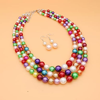 Chunky Layered Imitation Pearl Necklace for Women 3 strand Pearl Necklaces Faux Pearl Necklace Earrings Set 1920s Flapper Gatsby Costume Accessories - color: 3 strand pearl necklace colorful