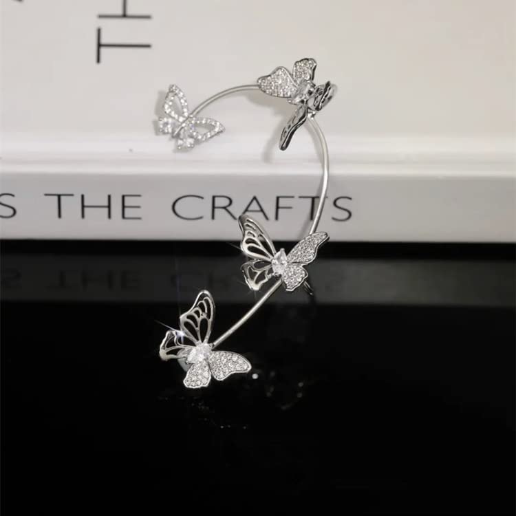 BETHYNAS Glitter Rhinestone Butterfly Flower Ear Cuff Sparkly Non-Pierced Crystal Tassel Fake Earrings Climber Lady Ear Wrap Bridal Party Ear Jewelry for Women and Girls - color: Silver Hollow Butterfly