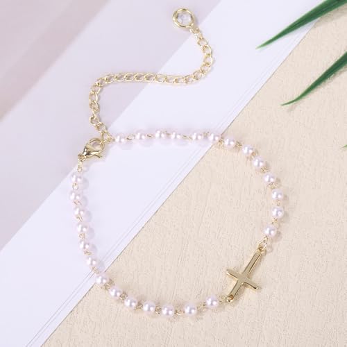 Mikovivi Pearl Cross Ankle Bracelet for Women, Adjustable Boho Beaded Anklets Waterproof Summer Beach Foot Jewelry Gift