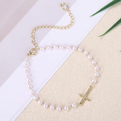 Mikovivi Pearl Cross Ankle Bracelet for Women, Adjustable Boho Beaded Anklets Waterproof Summer Beach Foot Jewelry Gift