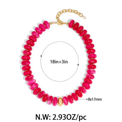Chunky Beaded Necklace for Women Boho Statement Bead Necklace Adjustable Choker with Polished Disc/Square Beads Trendy Summer Beach Jewelry Gifts - color: Hot Pink