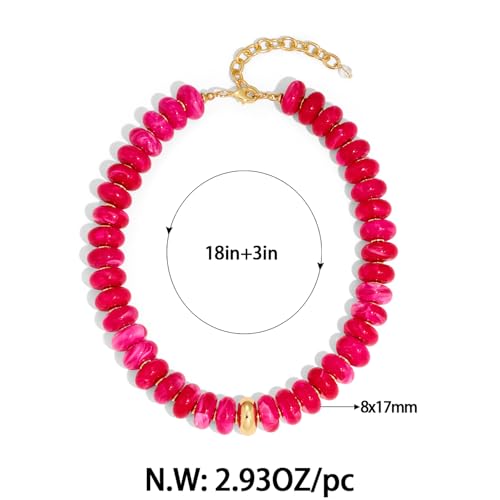 Chunky Beaded Necklace for Women Boho Statement Bead Necklace Adjustable Choker with Polished Disc/Square Beads Trendy Summer Beach Jewelry Gifts - color: Hot Pink