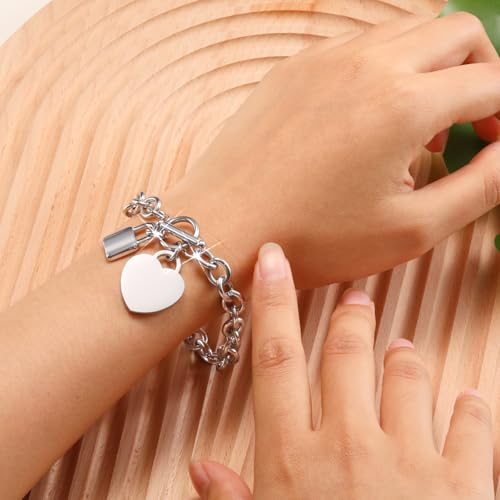 VNOX Personalized Initial Name Stainless Steel Trendy Cable Chain Bracelet Neckalce Set with Padlock Heart Charm and Toggle Clasp Closure - color: Silver Bracelet