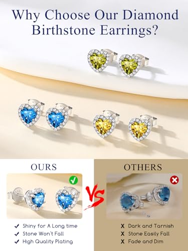 Suplight 925 Sterling Silver Birthstone Stud Earrings for Women, Round/Heart/Teardrop/Square Crystal Diamond Earrings for Women, Dainty Birthday Gifts Jewelry - color: style b-08. heart-August(Created Peridot)