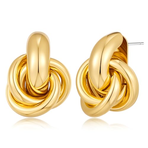 Gold Geometric Drop Dangle Earrings for Women Chunky Trendy Knot Stud Small Twisted Link Earring Jewelry Gift - color: A-Small Flower-Gold