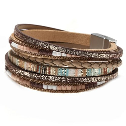 ZMANYIJEW Leather Wrap Bracelets for Women,Boho Cuff Bracelets Multi-Layer Crystal Beads Cuff Bracelet Multilayered Leopard Leather Braided Bangle Wrist Cuff Bangles - style: khaki