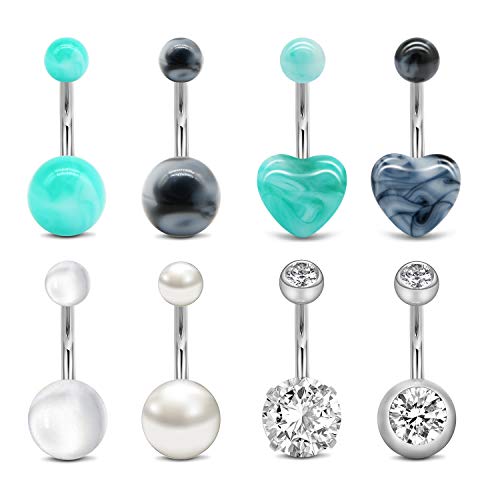 QWALIT Belly Button Rings 14G Surgical Steel Belly Rings CZ Opal Navel Piercing Jewelry for Women Girls 3/8" 10mm Silver Rose Gold - color: A11-8pcs black & silver