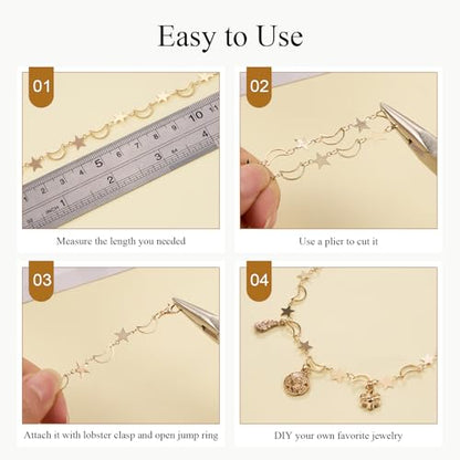 Jabogrii 5 Meters Star Moon Jewelry Making Chains Gold Plated Brass Chain | DIY Jewelry Making Supplies Necklace Bracelet Craft Chain Roll for Jewelry Making - color: Moon Gold
