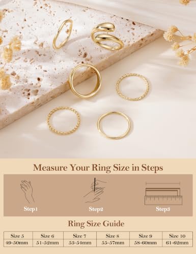 Apsvo Gold Rings for Women Non Tarnish, 6Pcs 14K Gold Plated Stackable Chunky Rings Set Trendy Statement Wedding Bands Pinky Thumb Rings Stacking Size 5-10 - color: Gold