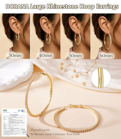 3mm 925 Sterling Silver Big Cubic Zirconia Hoop Earrings for Women Large Rhinestone Hoop Earrings 14K Gold Plated Hypoallergenic Lightweight 30mm/40mm/50mm/60mm - color: Gold-60mm