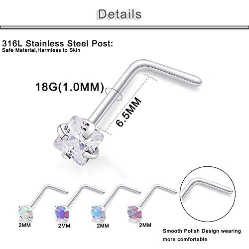 20G 18G 16G Cubic Zirconia Nose Rings Studs 316L Surgical Steel Hypoallergenic Nose Piercings Jewelry for Women Men CZ 2mm-3mm 24 Pcs - color: D:20G L Shaped + Silver Tone