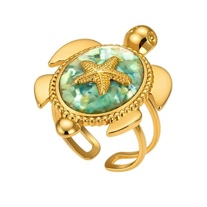 Adjustable Starfish & Tortoise Ring for Women – 18K Gold-Tone Plated Stainless Steel Open Band, Ocean-Inspired Jewelry with Shell Inlay,Comfort-Fit Statement Ring for Summer, Beach & Everyday Wear