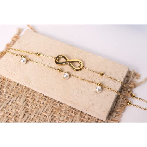 Jean Beau Infinity Beach Anklet bracelet for Women Teen Boho Waterproof Double Layered Dainty Beads Chain Charm Ankle Pearl dangling foot Jewelry Gift - color: Gold