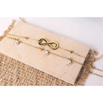 Jean Beau Infinity Beach Anklet bracelet for Women Teen Boho Waterproof Double Layered Dainty Beads Chain Charm Ankle Pearl dangling foot Jewelry Gift - color: Gold
